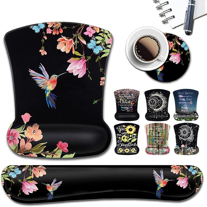 Ergonomic Mouse Pad with Gel Wrist Rest Support Gaming Mouse Pad with Cloth Non-Slip PU Base for Computer Home Office Memory Foam Keyboard Wrist Rest Support Hummingbird Watercolor Flower