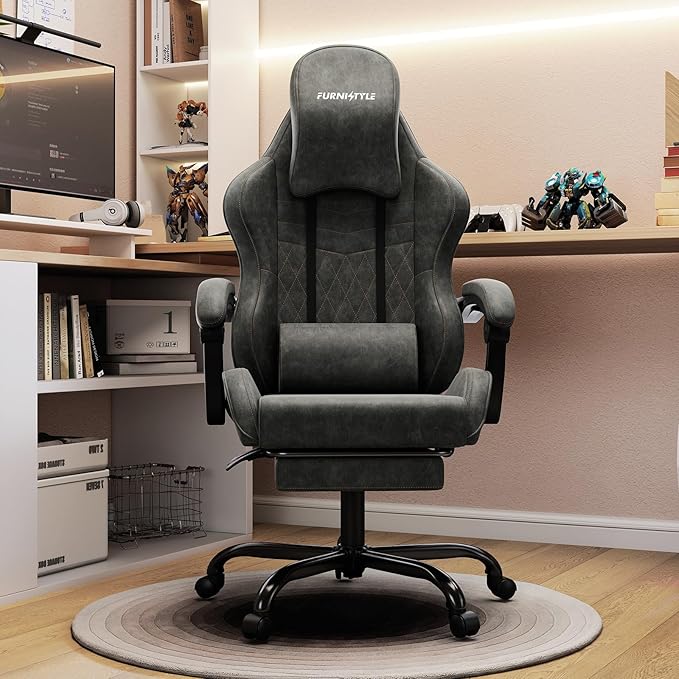Gaming Chair Big and Tall Grey Leather Video Game Chairs with Footrest Padded Linkage Armrests &amp Large Headrest Ergonomic Computer Chair 350lbs for Adults Gaming or Office Use