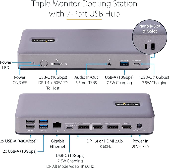 StarTech.com USB-C Docking Station Multi Monitor HDMI/DP/USB-C Video Output Triple Monitor 4K30/Dual 4K60 7-Port USB Hub 60W Power Delivery GbE 3.5mm Audio Works with Chromebook TAA
