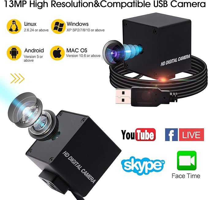 13mp USB Camera with Microphone Autofocus Audio Video Webcam for Computer Mini UVC USB2.0 PC Camera with Metal Case Industrial Embedded USB with Camera IMX214 Web Camera for Laptop Jetson Nano