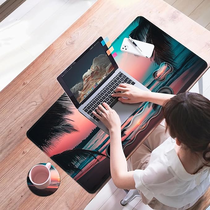 Mouse PadLarge Desk Mat Set 4in1 XL Mousepad + Keyboard Wrist Rest+Mouse Wrist Rest+Coaster with Ergonomic Desk Pad for Home Office Table Computer Cover -Palm Tree Beach Scene
