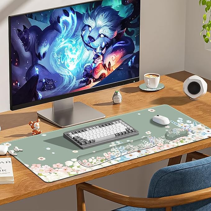 Green Desk Pad Mat Floral Ergonomic Mouse Pad+ Keyboard Wrist Pad+Mouse Wrist Rest Easy Typing Pain Relief 35.4×15.7in Big Keyboard Mat for Home Office