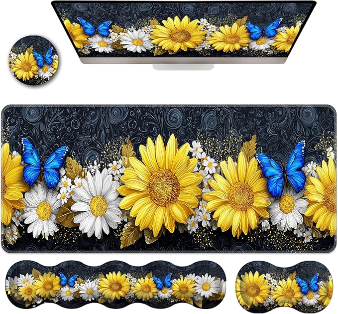 Ergonomic Keyboard Wrist Rest &amp Mouse Pad Wrist Rest SetXL Gaming Desk Mat 31.5x 11.8Non-Slip BaseMemory FoamEasy Typing Pain Relief for Office &amp HomeSunflower Daisy