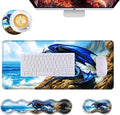 Mouse PadLarge Desk Mat Set 4in1 XL Mousepad + Keyboard Wrist Rest+Mouse Wrist Rest+Coaster with Ergonomic Desk Pad for Home Office Table Computer Cover -Blue Dragon on Seaside Rocks