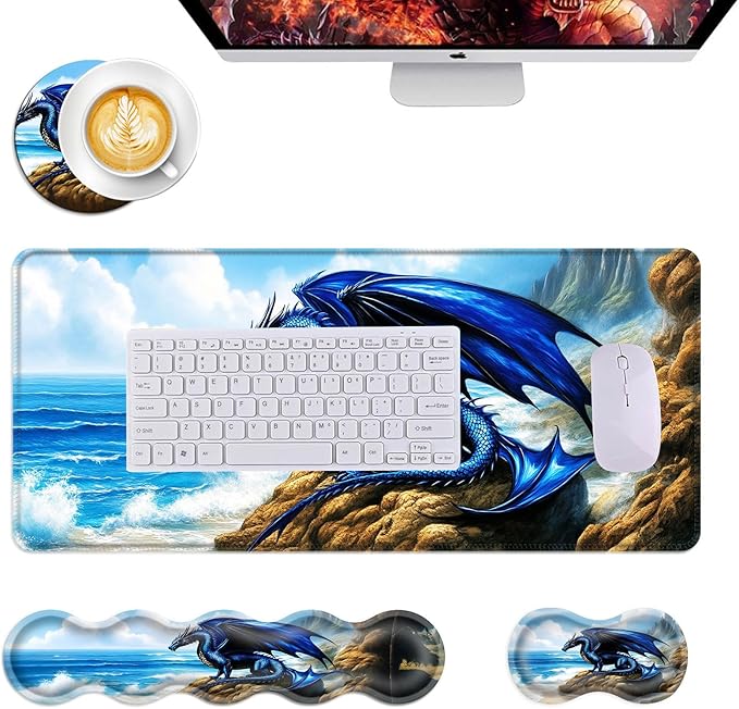 Mouse PadLarge Desk Mat Set 4in1 XL Mousepad + Keyboard Wrist Rest+Mouse Wrist Rest+Coaster with Ergonomic Desk Pad for Home Office Table Computer Cover -Blue Dragon on Seaside Rocks