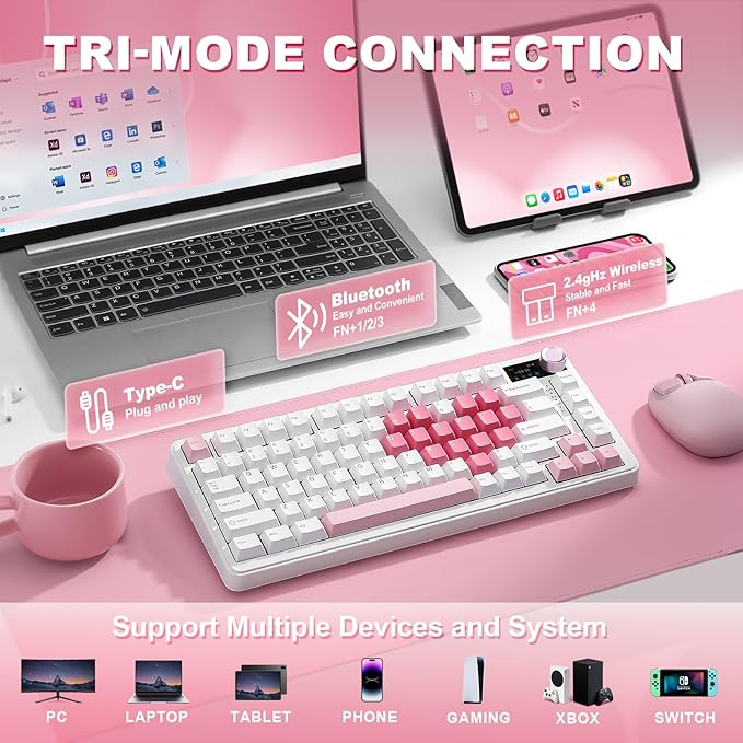 YUNZII B75 PRO MAX QMK/VIA Wireless Mechanical Keyboard75% Layout with Screen and KnobHot Swap GasketCreamy Pre-lubed SwitchesBluetooth/Type-C/2.4G for Win/Mac(White HeartCocoa Cream V2 Switch)