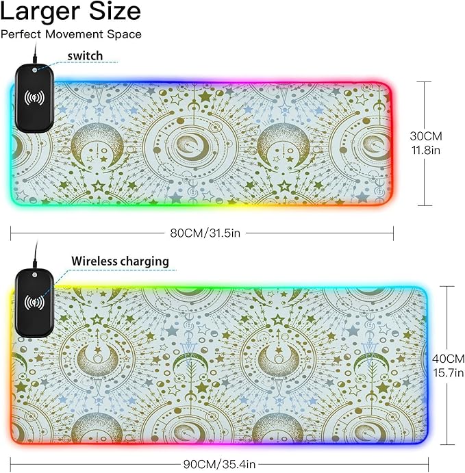 Gaming Mouse Pad Wireless Charging with 17 Led Light Modes with Premium Smooth Surface(Starry Sky Print35.4x15.7inWhite)