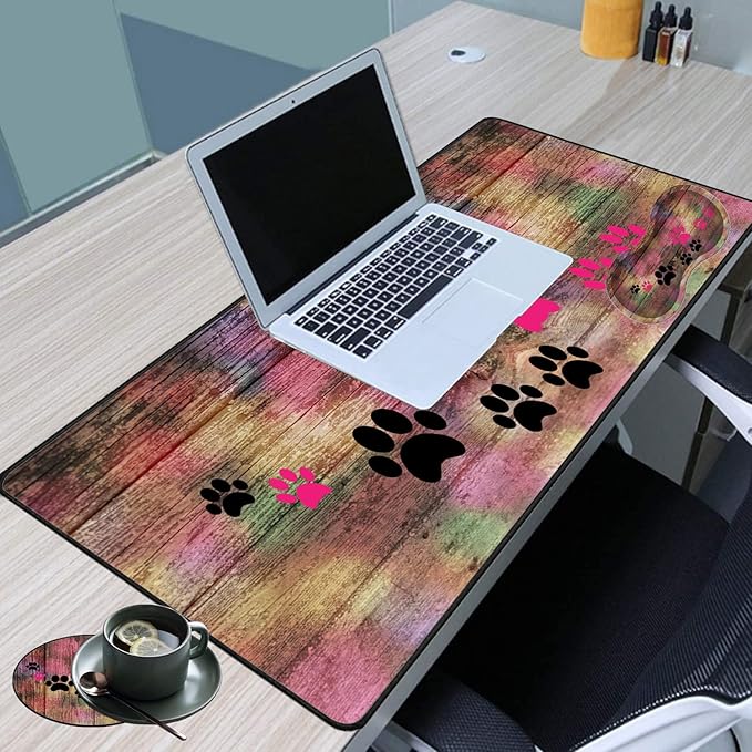 Large Game Mouse Pad + Wrist Support Pad + Coffee Coaster Rustic Rainbow Woodgrain Dog Paw Foldable Table Mat with Stitched Edge Non-Slip Set Pad Suitable for Office Work and Home