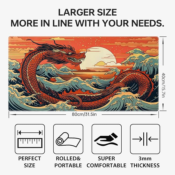 Wave Sea Dragon Gaming Mouse PadAnime Mouse Pad Gaming 31.5 x 15.7 in Mouse Mat Desk PadExtended Keyboard Pad Large Desk Mat Mousepad with Non-Slip Base and Stitched Edge for Office Home