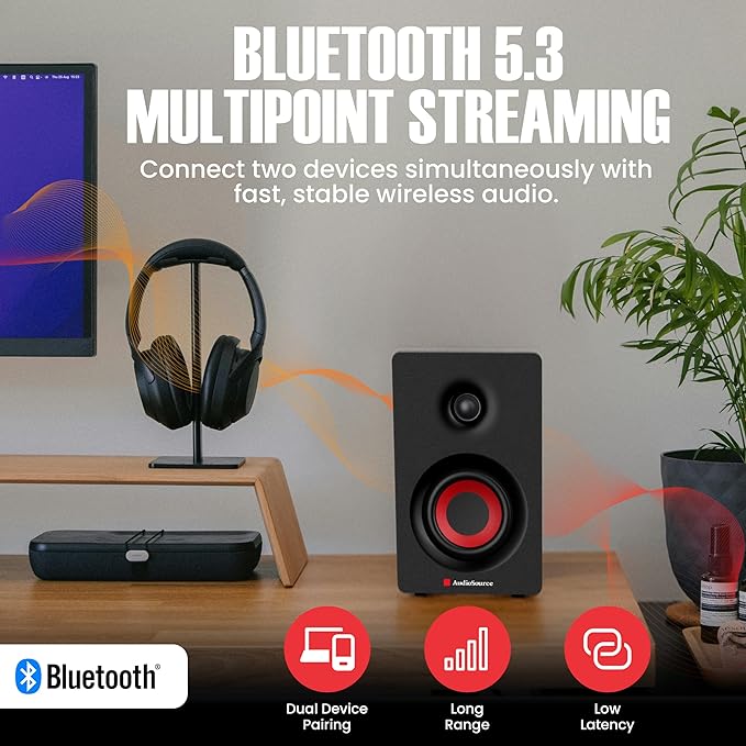Audiosource Bluetooth 2-Way Bookshelf Speakers 30W RMS Powered Desktop Speakers/Woofer Rear Bass Port AUX &amp USB MP3 Playback Multipoint Pairing Wood Cabinet – Hi-Fi PC Gaming &amp Music Syst