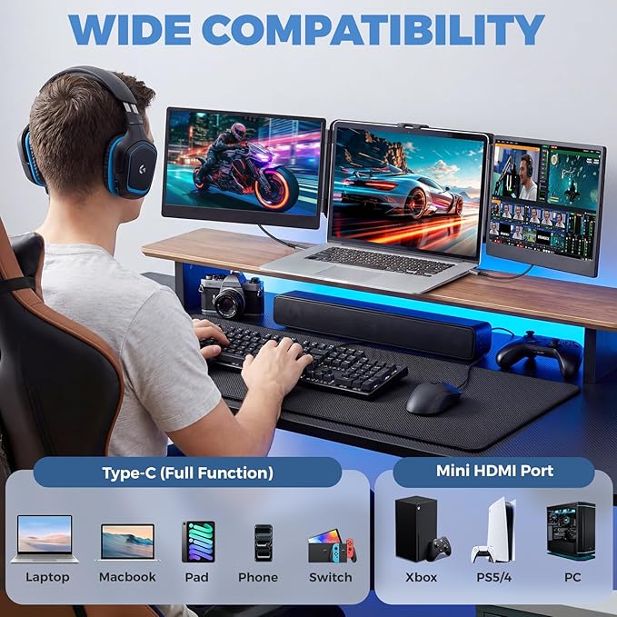 JoyReal Laptop Screen Extender 14 FHD 1080P IPS Portable Monitor for Laptop Triple Screen Extender Monitor USB-C/HDMI Plug-Play for Windows Mac Fit 13-17.3 Laptops