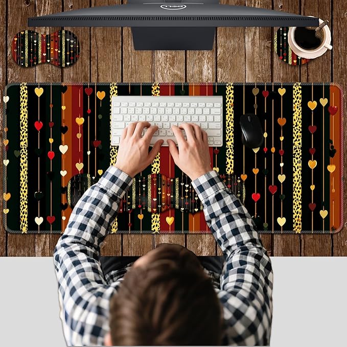 Ergonomic Keyboard Wrist Rest &amp Mouse Pad Wrist Rest SetXL Gaming Desk Mat 31.5x 11.8Non-Slip BaseMemory FoamEasy Typing Pain Relief for Office &amp HomeHearts and Leopard Print