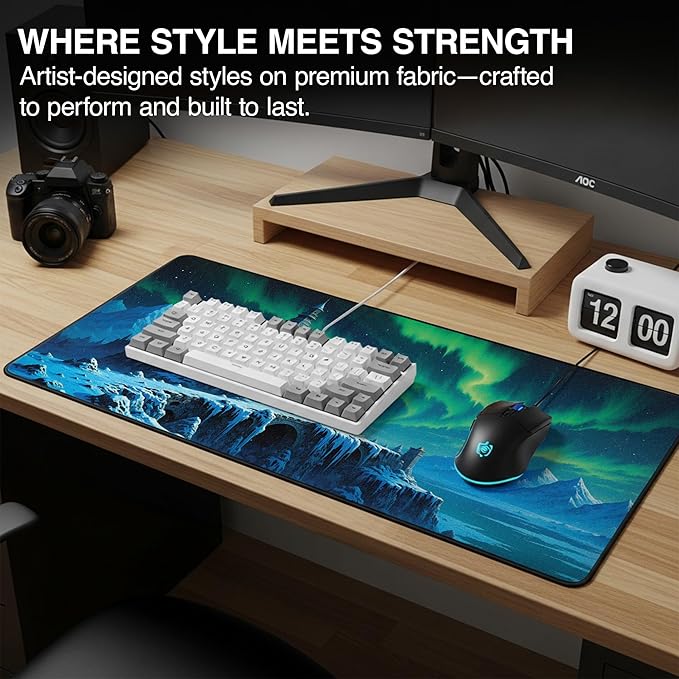 MPCO. Dark Fantasy Large Gaming Desk Pad - 36 x 17 Duraglyde Fabric Whispers of the Northern Sky Desk Mats - Non-slip Washable Smooth Glide for Precision Gaming &amp Work