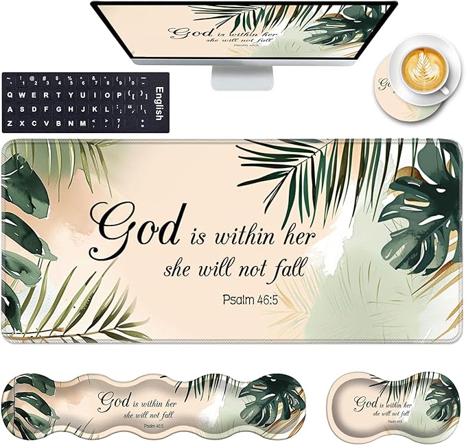 Keyboard Wrist Rest and Mouse Pad with Wrist Support Set Ergonomic CoasterMemory FoamEasy Typing Pain ReliefLarge XL Desk Mat 31.5x 11.8Matcha Green Plant Abstract Bible Verse Psalm 46-5