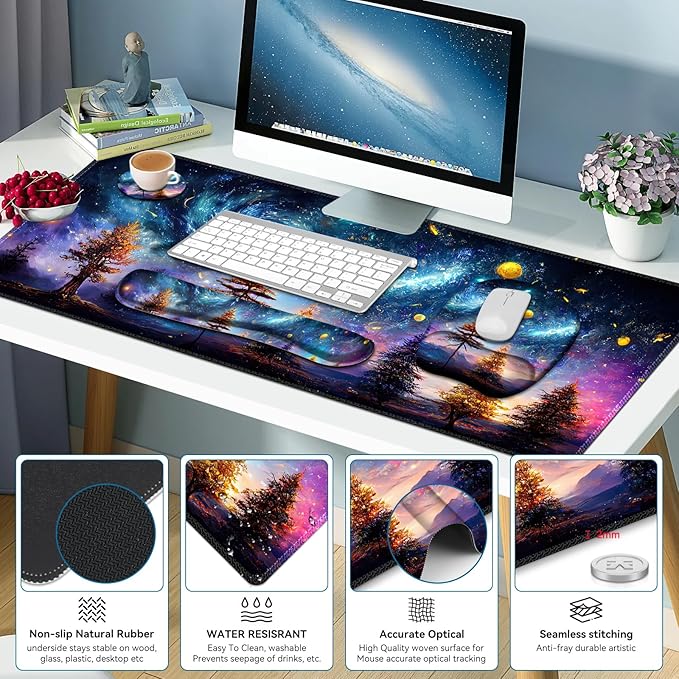 4 in 1 Large Mouse Pad Keyboard Wrist Rest Set Ergonomic Non-slip Waterproof Colorful World