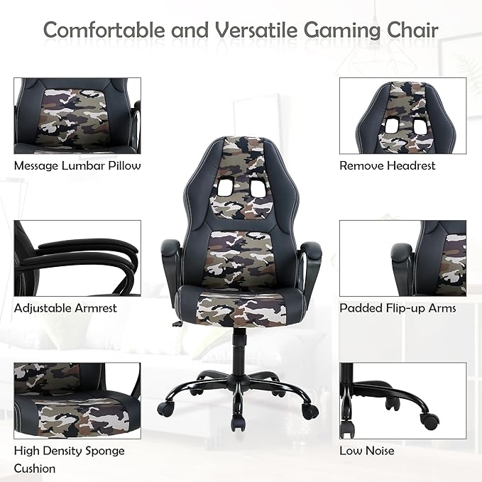 Gaming Chair Gaming Chair with Massager Massage Gaming Chair with Massage Lumbar Support Office Gaming Chair with Height Adjustable Gaming Chairs for Adults with 360°Swivel Max 250LBS Camo