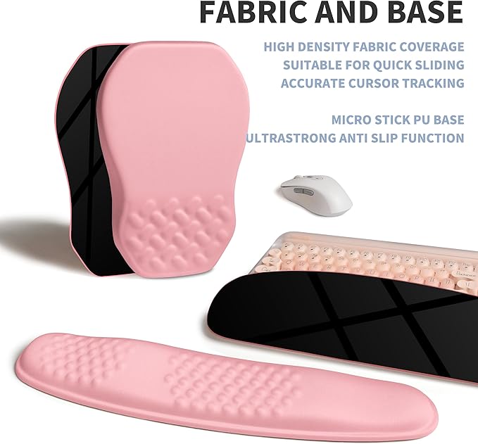 2-in-1 Ergonomic Set Wave Keyboard Wrist Rest and Massage Slope Mouse Pad Wrist Support Rebound Memory Foam for Relieve Carpal Tunnel Syndrome and Wrist Pain (Pink)