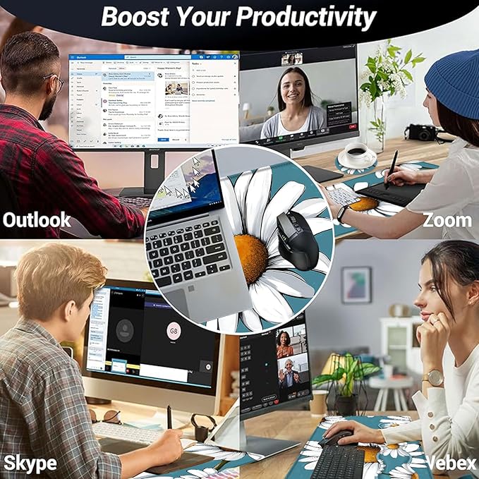 Large Mouse Pad and Keyboard Wrist Rest Desk Pad for Keyboard and Mouse 4-in-1 Large Gaming Mouse Pad with Wrist Support Desk Mat for Home Office Study GameDaisy Flower