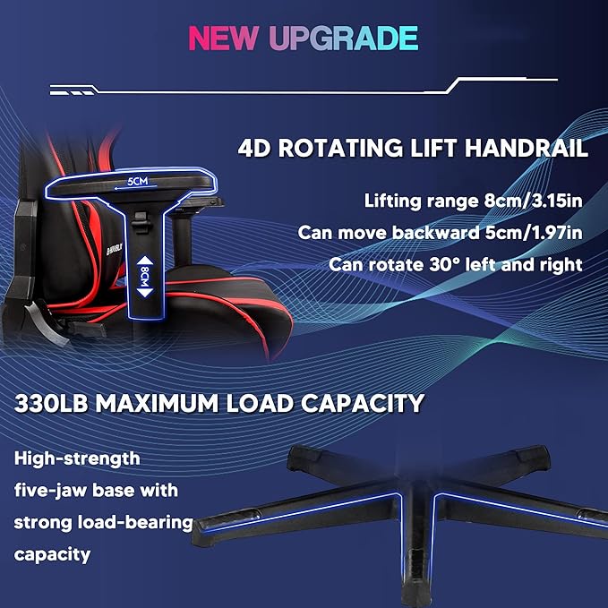 XOOFMASS 7-Point Massage Gaming Chair Video Gaming Chair with Speakers and RGB Lights Ergonomic Computer Chair with Footrest and Lumbar Support 180° Tilt High Back Office ChairRed