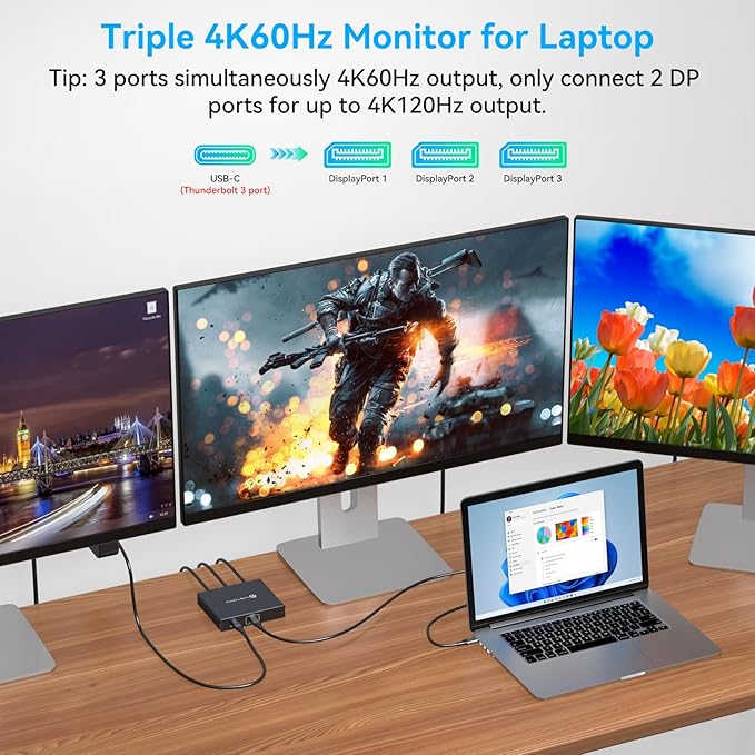 USB C to DisplayPort Splitter 4K@60Hz DisplayPort MST Hub for Triple Monitors with 100W PD Supports Extended Mirror Mode (Mac OS Only Mirror) Compatible with Thunderbolt 3/4/5 Laptops Windows