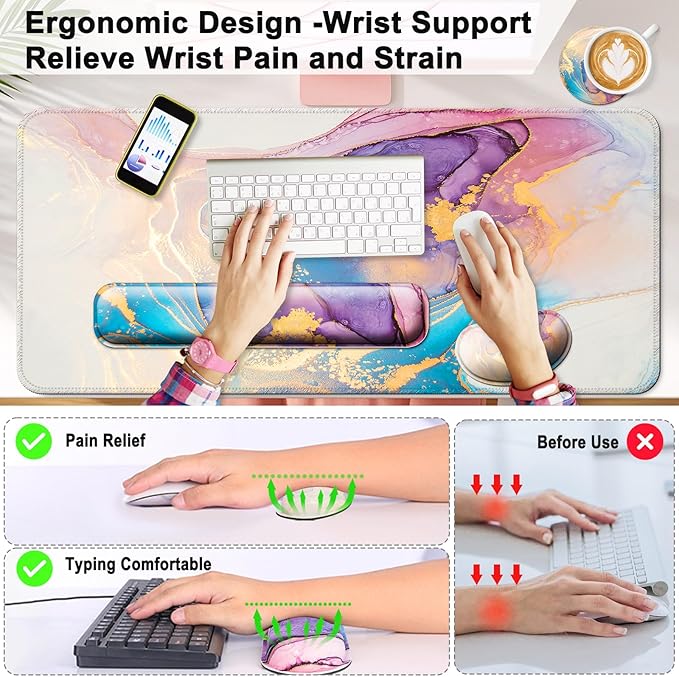 Keyboard Wrist Rest + Mouse Pad with Wrist Support + Desk Mat + Coaster 4 in 1 Set XXL Large Gaming Mousepad Cute Ergonomic Mouse Pads for Desk Computer Laptop Office Decor-Blue Marble