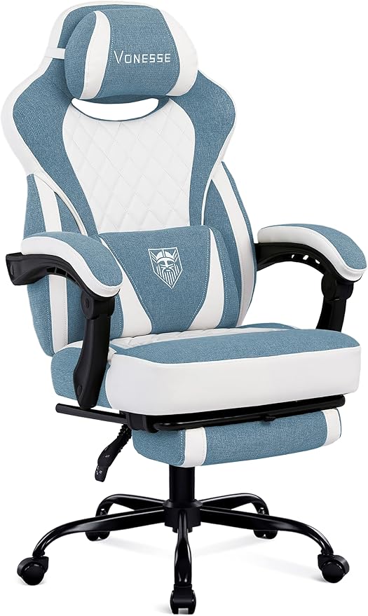 Vonesse Gaming Chair Reclining Fabric Gaming Chairs for Adults 250LBS Office Chair with Pocket Spring Cushion Computer Chair with Footrest and Massage Lumbar Support (Blue)