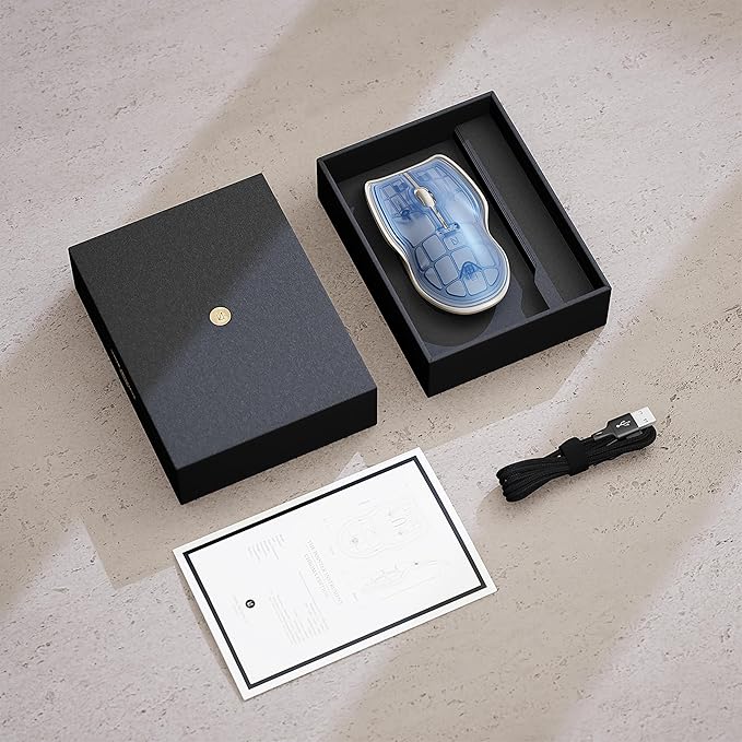 LUNAR ARTEFACTS Ambidextrous Rechargeable Bluetooth Wireless Computer Mouse Blue Translucent with White Powder Coated Aluminum USB-C