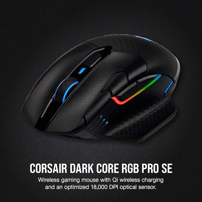 Corsair Dark CORE RGB PRO SE Wireless FPS/MOBA Gaming Mouse with Qi Charging – 18000 DPI – 8 Programmable Buttons – Sub-1ms Wireless – iCUE Compatible – PC Mac PS5 PS4 Xbox – Black