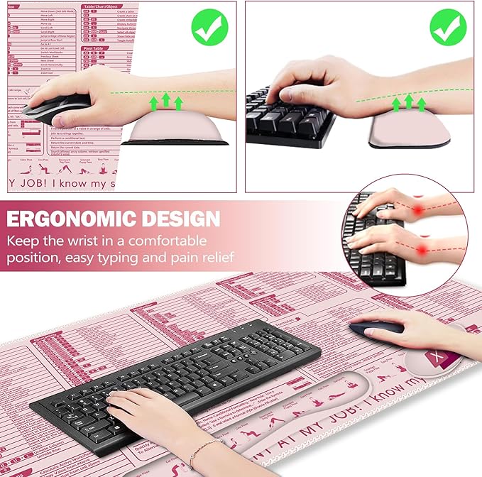 ARTSO Excel Shortcut Keys Mouse Pad Set Extended Large XL Cheat Sheet Gaming Mousepad with Wrist Rest Support Non-Slip Stitched Edge Keyboard Mat Pink