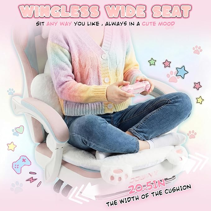 Dowinx Gaming Chair with Cat Ears and Paw Lumbar Pillow Ergonomic Reclining Chair Memory Foam and Spring Cushion Footrest 300lbs Capacity Cute and Comfortable Design for Women &amp Girls
