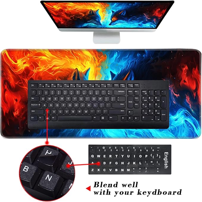 Keyboard Wrist Rest and Mouse Pad with Wrist Support Set Ergonomic CoasterMemory FoamEasy Typing Pain ReliefLarge XL Desk Mat 31.5x 11.8Ice Wolf and Fire Wolf