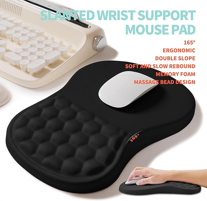 2-in-1 Ergonomic Set Wave Rise Keyboard Wrist Rest and Massage Bulge Slope Mouse Pad Wrist Support Cushion Memory Foam Integrated to Relieve Wrist Pain Black