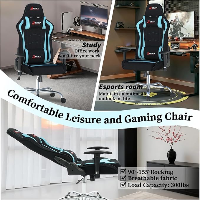 Gaming Chair High-Back Ergonomic Computer Chair Adult Lumbar Support Breathable Fabric Office Chair 3D Independent Armrests.(1005-LightBlue)