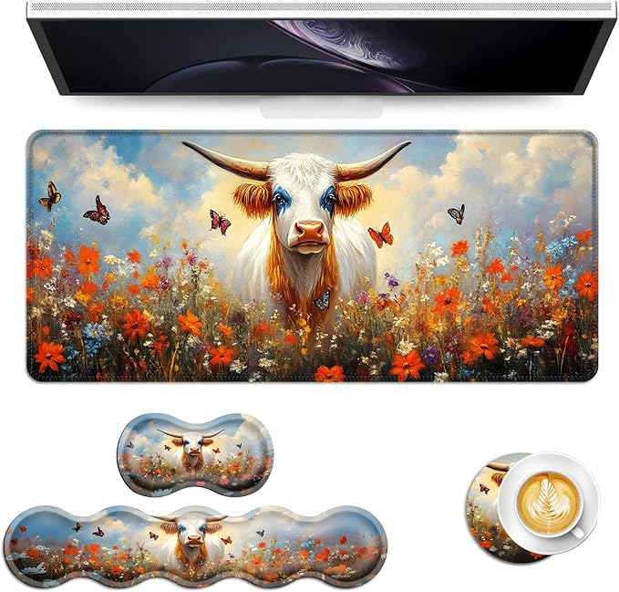 Keyboard Mouse Pad Set Extended Gaming Mouse Pad+Ergonomics Keyboard Wrist Rest Support Memory Foam Easy Typing Pain Relief 4Pcs XL Ultra Thick Desk MatCow Wildflower Butterflies