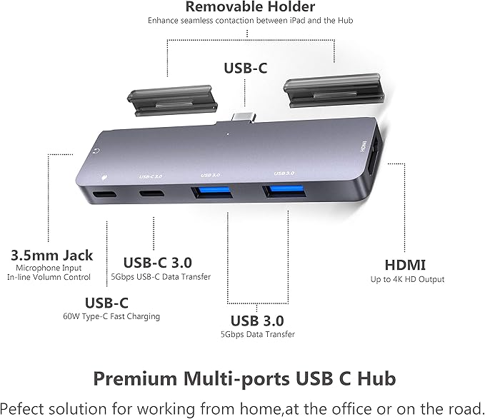iPad Pro USB C Hub Adapter with 4K HDMI3.5mm Jack2 x USB3.0PD 60WUSB C DataSD/TF Card Slot6in1 Adapter for M4 M2 M1 iPad Pro 11 12.9 2025-2018iPad Air/Mini