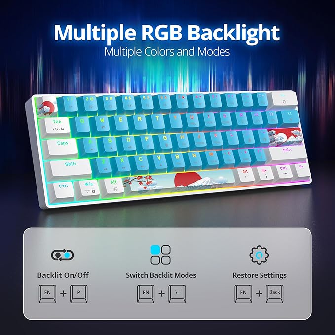60% Mechanical Keyboard - Compact 60% Gaming Keyboard RGB Backlit 61 Keys USB Wired for Windows Mac Laptop PC (61 Blue/Blue Switches)