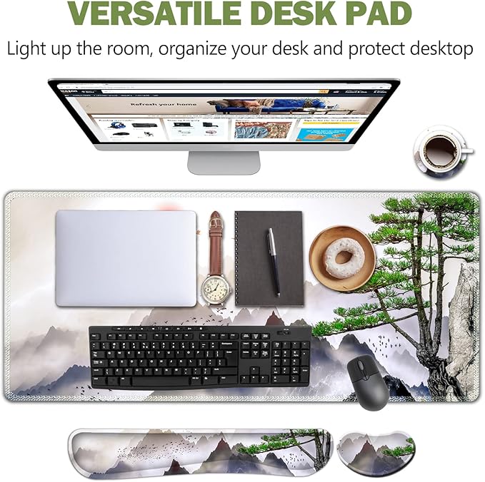 AIMSA Large Gaming Mouse Pad Set Keyboard Wrist Rest Support + Extended Mouse Pad + Mouse Wrist Cushion + Coaster Ergonomic Memory Foam Desk Mat 35x15.7in Anti-Slip Base (Pine Tree Mountains)