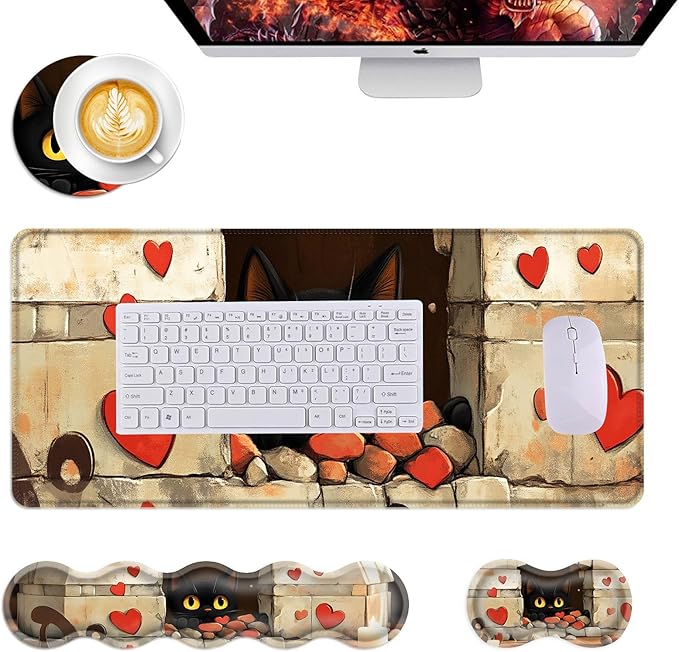 Mouse PadLarge Desk Mat Set 4in1 XL Mousepad + Keyboard Wrist Rest+Mouse Wrist Rest+Coaster with Ergonomic Desk Pad for Home Office Table Computer Cover -Cute Cat with Red Hearts