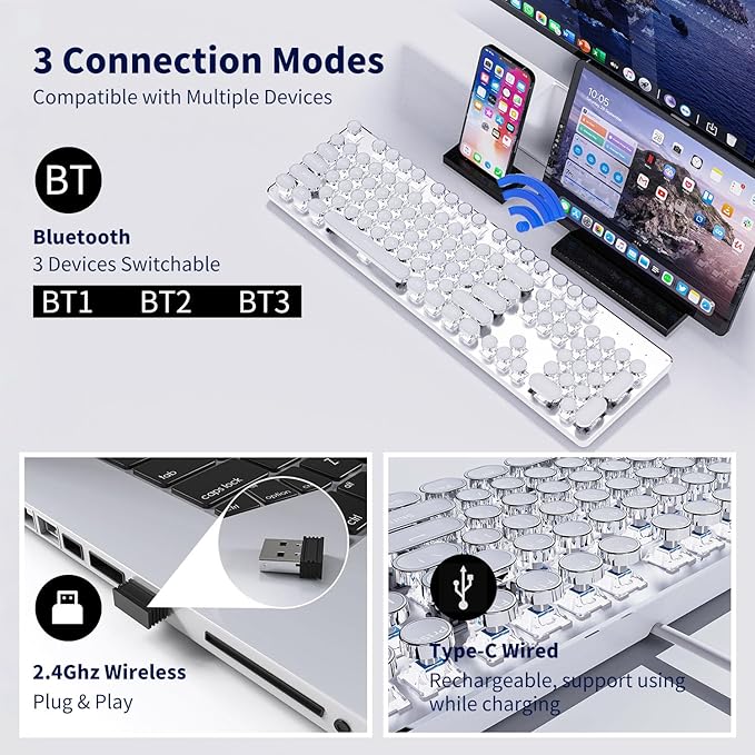 EWEADN TK950 Typewriter Keyboard Wireless Mechanical Keyboard 104 Keys Aesthetic Typewriter Keyboards with White Backlit Anti-Ghosting Blue Switch Bluetooth/2.4GHz/Wired Keyboards-White