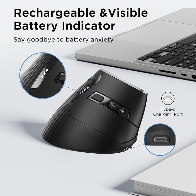 Uineer Wireless Ergonomic Mouse Bluetooth Mice (BT4.0/5.0 and 2.4G) Rechargeable Vertical Mouse 3 Multi-Device Connectivity for Computer/PC/Mac/Laptop Quiet Clicks for Office Gaming Home Black