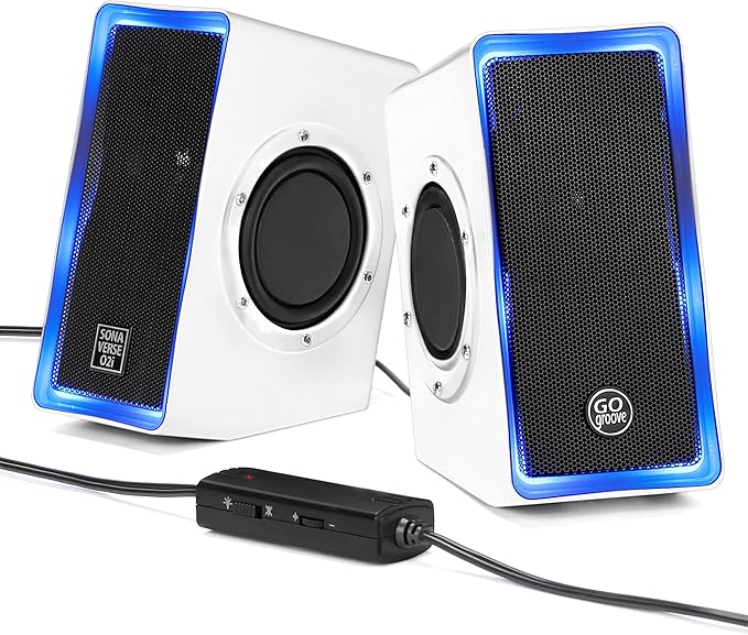 GOgroove Gaming Computer Speakers with Blue LED Light - SonaVERSE O2i Speakers for Desktop Laptop PC - USB Speaker 2.0 with AUX Input in-Line Volume Control Bass Stereo Sound 14W (White)