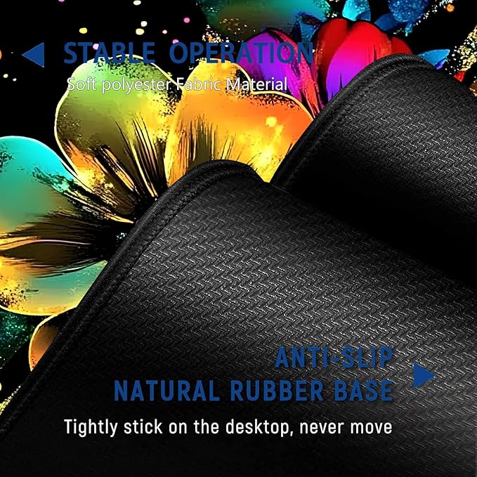 Large Mouse Pad + Keyboard Wrist Rest Set Extended Gaming Mousepad (31.5X11.8 inch) with Non-Slip Rubber Ergonomics Memory Foam Mouse Wrist Rest Support Glitter Flower Black XXL Desk Pad
