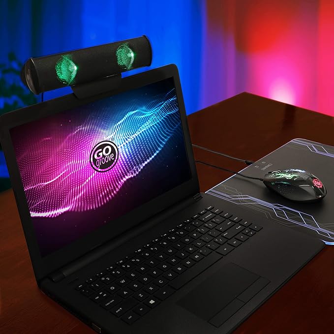 GOgroove SonaVERSE LED Speaker for Laptop Computer - USB Powered Clip-On Sound Bar with Mini Portable External Speaker Design for Monitor Back Switch for Power - Audio Input and Power (Green)