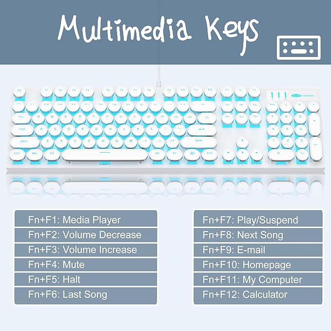 Camiysn Typewriter Style Mechanical Gaming Keyboard White Retro Punk Gaming Keyboard with Blue Backlit 104 Keys Blue Switch Wired Cute Keyboards Round Keycaps for Windows/Mac/PC