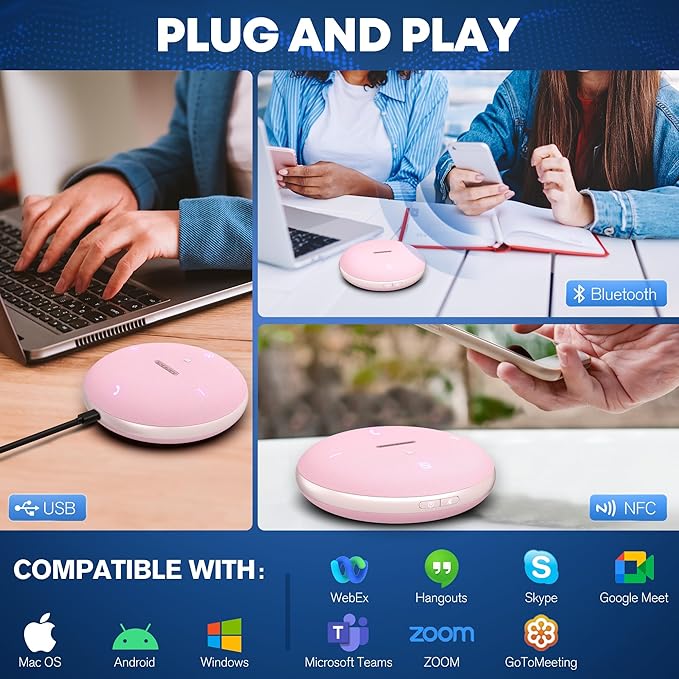 M4 Bluetooth Speakerphone Conference Speaker and Microphone with AI Noise Reduction GPT Transcription Speakers for Computer Desktop 360° Voice Pickup at Home Office for Teams/Zoom Pink