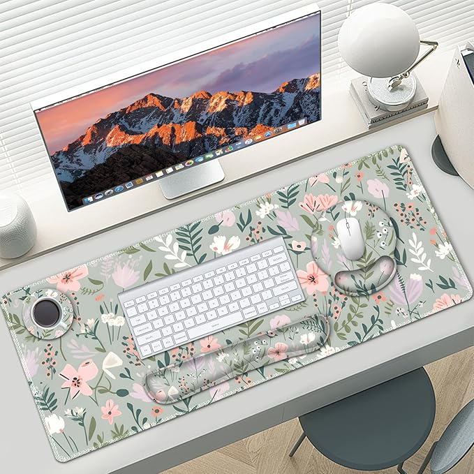 AIMSA Keyboard Mouse Pad Set Extended Mouse Pad Keyboard Wrist Rest Support Memory Foam Ergonomic Desk Pad Set for Home Office Study Game Pink White Flowers Plants