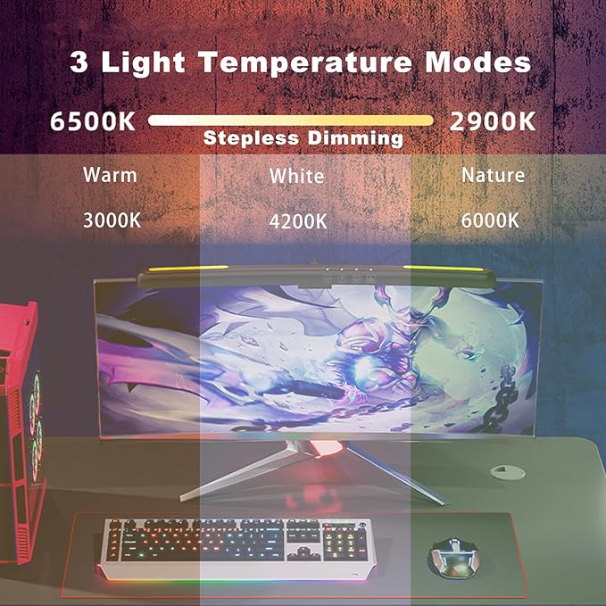 Curved Monitor Light Bar for 24-27 Inch Curved Screens Light Bar with 7 RGB Stepless Dimming 3 Color Temperatures USB Powered Gaming Computer Light