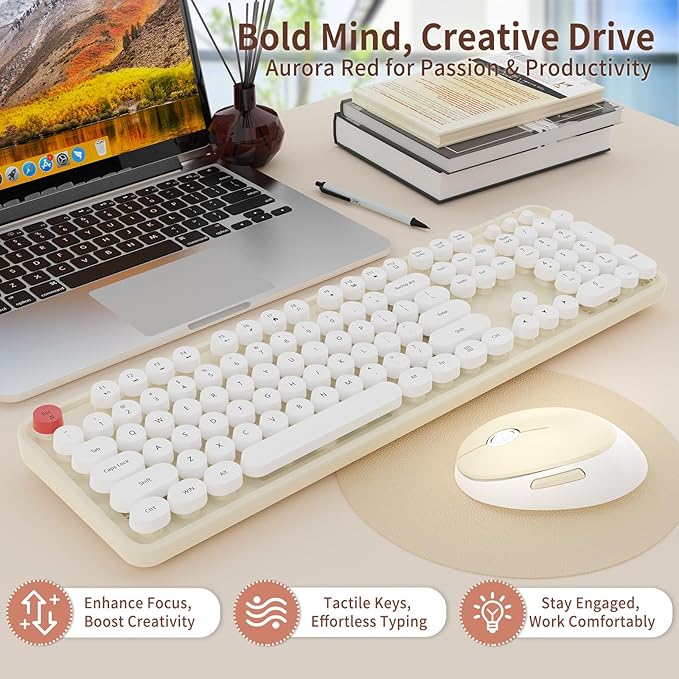 HotFox Wireless Keyboard and Mouse Combo Full-Size Retro Typewriter Keyboard with Round Keycaps Ergonomic Design for Windows PC Home and Office Use - Cream