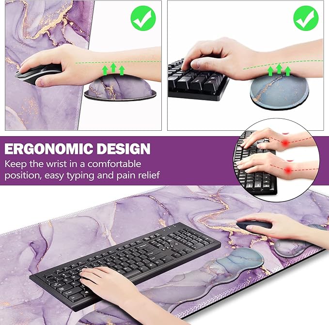 Upgraded Extended Gaming Mouse Pad Keyboard Wrist Rest Pad Wrist Support Mousepad Set Artso Large Stable Rubber Base Stitched Edges Multifunctional Desk Pad (35 x15.5 in) Purple Blue Marble