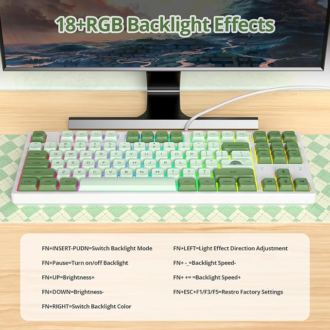 75 Percent Mechanical Gaming Keyboard 87 Keys Matcha Keyboard 75% Wired Keyboard Compact TKL Layout with RGB Backlit Red Switch for PC Laptop(87 Matcha)